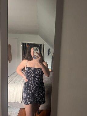 Floral Tie-Waist Black Mini Dress